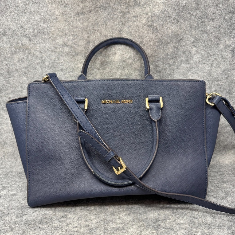 Michael Kors Selma Large Satchel Handbag Crossbody Navy Blue Gold Nautical